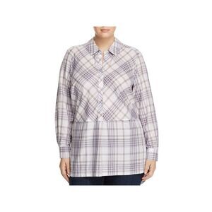 FOXCROFT Womens Gray Plaid Cuffed Sleeve Collared Tunic Top Plus 14W